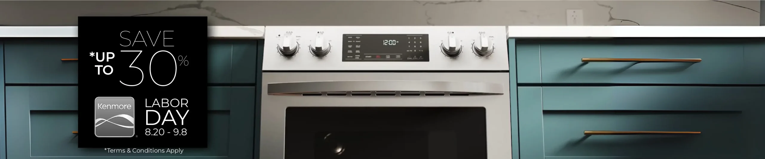 A Kenmore Labor Day sale banner advertises "SAVE UP TO 30%". The sale runs from August 20th to September 8th. Terms and conditions apply.