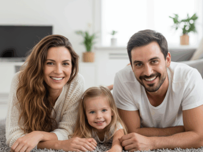 A white woman with light hair and features on the left. A young female toddler in the center with light hair and features. On the right a white man with darker hair. Each person is smiling. This is a family photo.