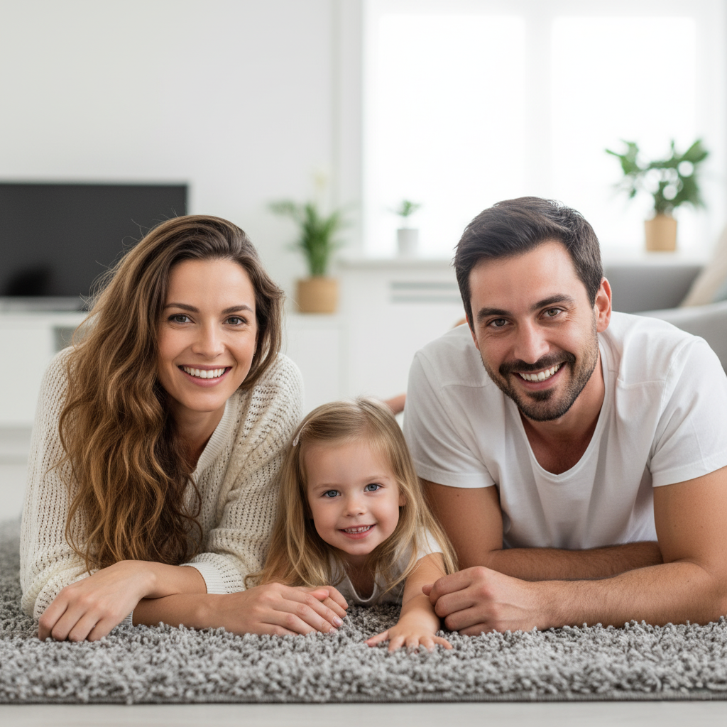 A white woman with light hair and features on the left. A young female toddler in the center with light hair and features. On the right a white man with darker hair. Each person is smiling. This is a family photo.