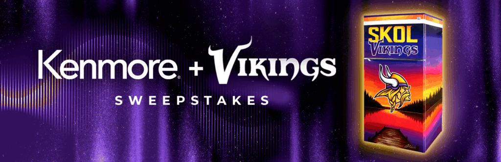 A wide promotional banner for the Kenmore + Vikings Sweepstakes. The background is a vibrant, sparkling deep purple with abstract light streaks. On the right is a custom Minnesota Vikings-themed refrigerator featuring a 'SKOL Vikings' header and the Vikings logo over a sunset landscape. The center text in white reads 'Kenmore + Vikings SWEEPSTAKES'
