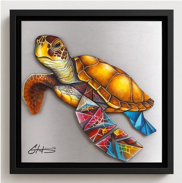 A framed painting of a sea turtle on a metallic silver background. The turtle's head, shell, and front flippers are painted realistically in warm shades of brown and yellow. The back flippers and a section of the tail are rendered as a vibrant, geometric stained-glass pattern in colors including red, yellow, and blue. The artwork is signed and contained within a black frame