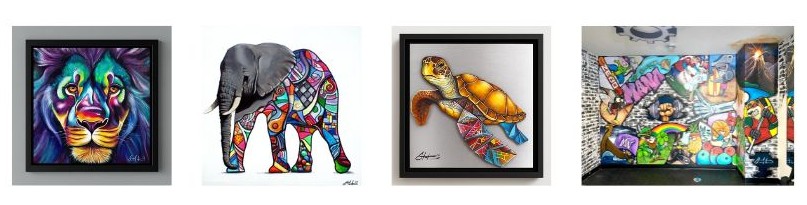 A horizontally arranged collage featuring four different pieces of artwork by Shane Anderson. From left to right: 1) A close-up painting of a lion's face rendered in vibrant, electric purple, teal, and yellow colors. 2) A full-body painting of an elephant whose body is covered in complex, abstract, multicolored geometric patterns. 3) A framed painting of a sea turtle on a silver background, with its back flippers rendered in a geometric stained-glass style. 4) A colorful, corner wall mural depicting a collage of graffiti tags, cartoon characters, and pop art elements in a gym setting.